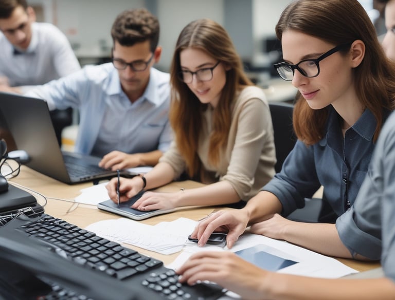 a man riding a skateboard down a street next to tall buildings
