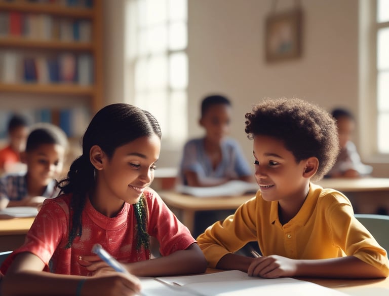A group of African and Middle Eastern children studying together at a bright table in the youth center.