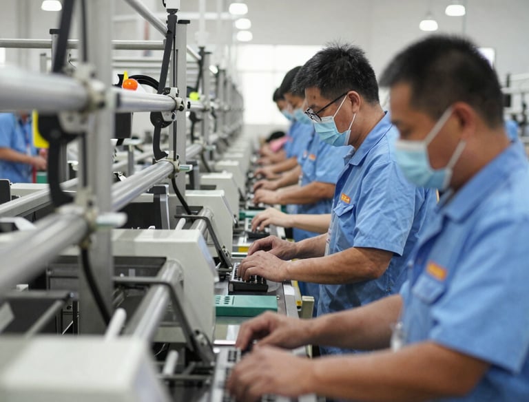 Factory floor showing skilled workers assembling hair dryers with precision.