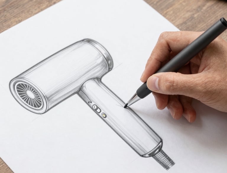 Close-up of a designer sketching a new hair straightener concept on a tablet.