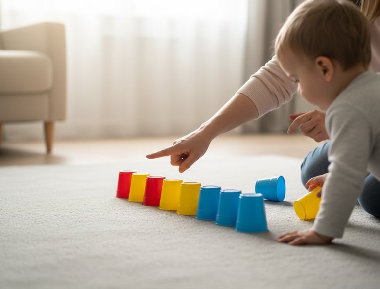 Child and parent lining up cups and counting them together at home