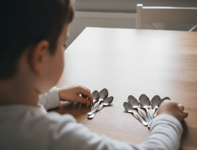 Child sorting spoons at home