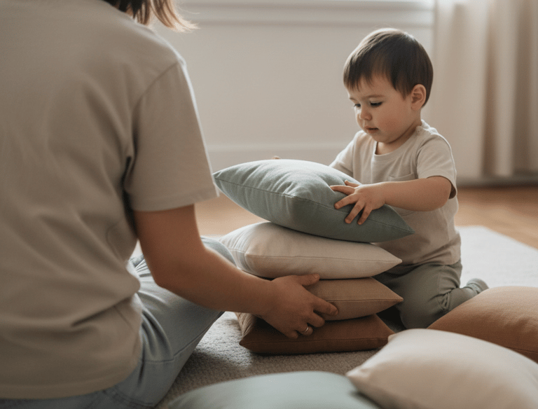 Child stacking cushions at home to practice balance and coordination