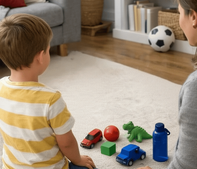 Child doing color sorting activity at home with parent