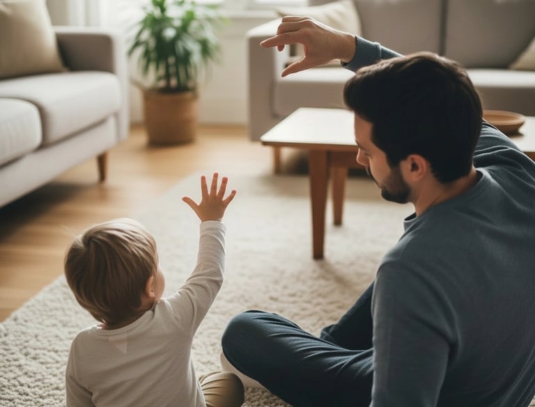 Child doing air drawing indoors at home with parent