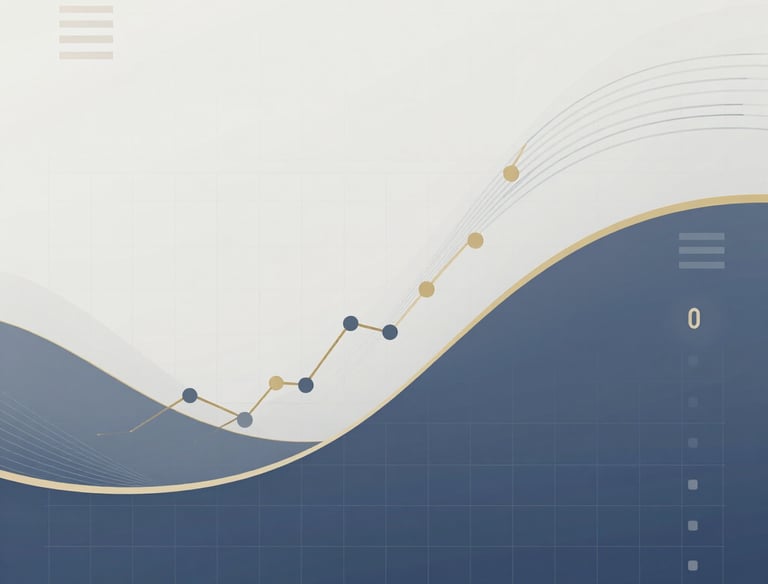Professional blue and white business growth chart showing an upward data trend on a grid.