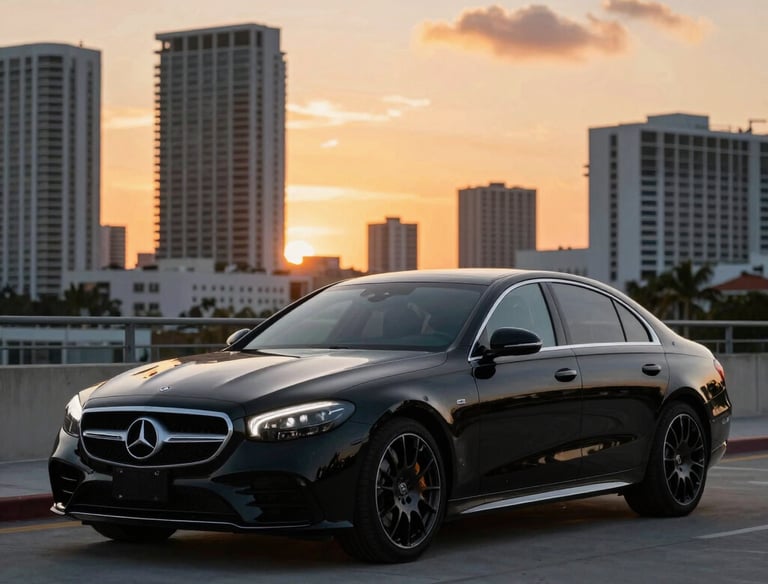 Sleek black luxury car parked against a Miami skyline at dusk.