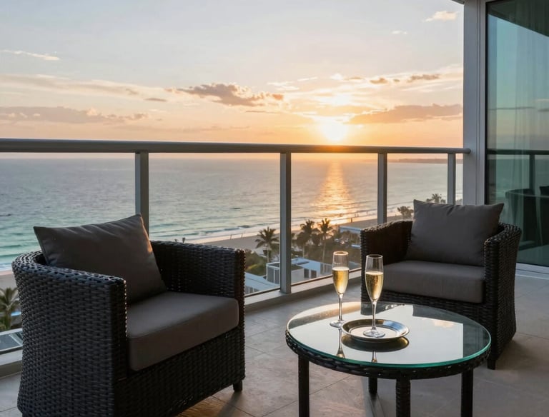 Elegant private residence with a pool lit warmly at night.