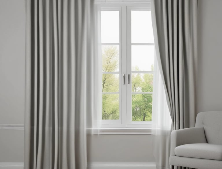 Elegant living room with soft, flowing curtains framing a sunlit window.