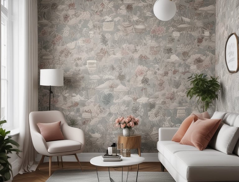 Cozy bedroom wall adorned with textured, patterned wallpaper in calming tones.