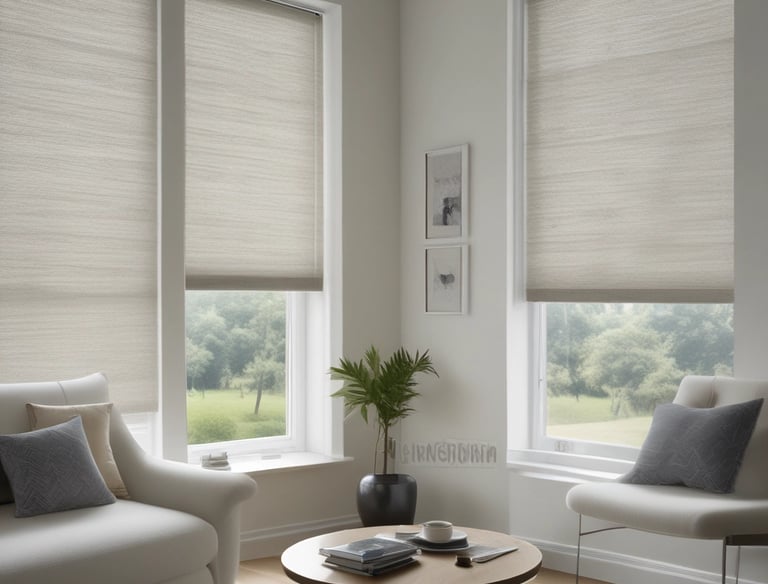 Modern kitchen featuring sleek, minimalistic blinds filtering natural light.