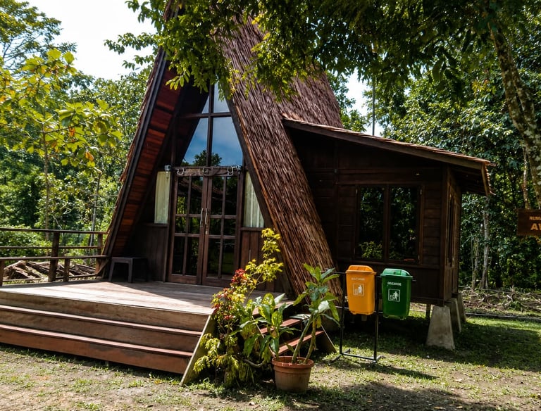 Rustic A-frame wooden cabin with a deck nestled in a lush tropical forest clearing.