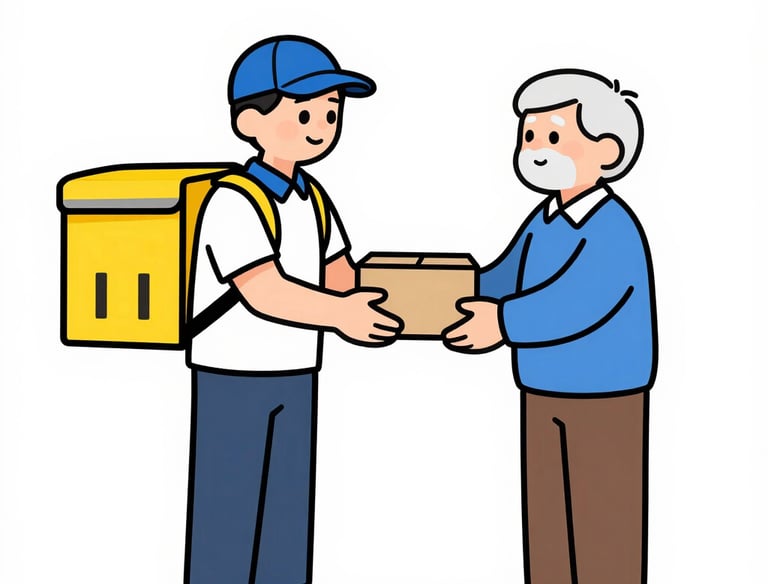 A delivery person placing a sealed meal tray into a refrigerator inside a cozy home kitchen.