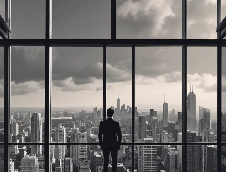 A confident entrepreneur reviewing business plans in a bright office.