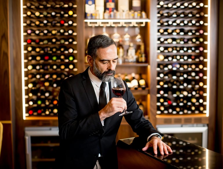 A man smelling wine near a cellar