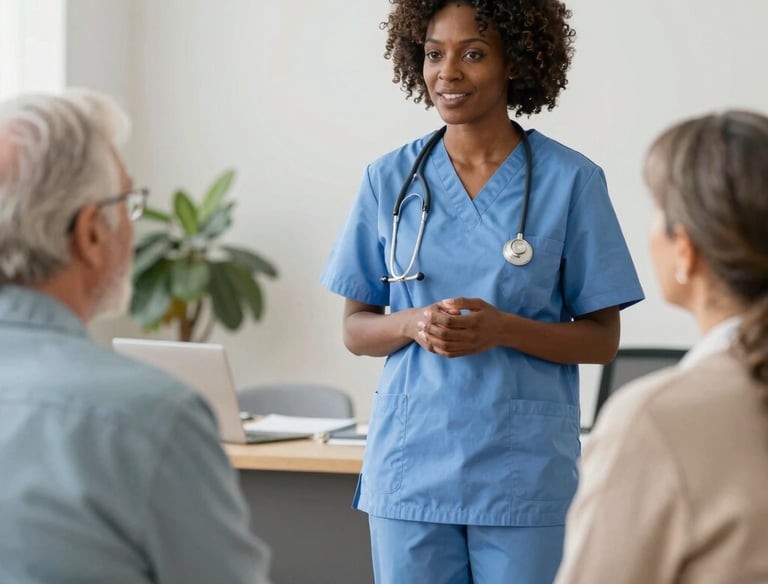 A compassionate nurse advocating for a family in a cozy home setting.