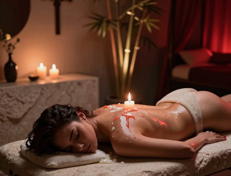 A romantic couple sharing a tender moment in a softly lit room with blue and yellow tones.