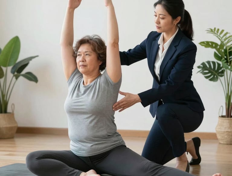 A focused executive receiving personalized yoga instruction in a calm studio.