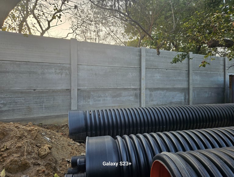 RCC precast pre-stressed compound wall system for secure factory, warehouse, and commercial site 