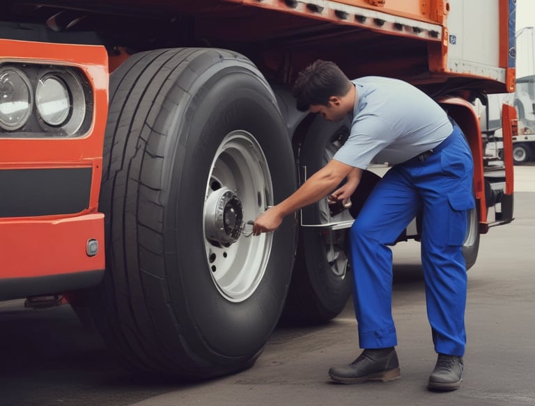 A service person changing a flat tire on a car parked outside a home.