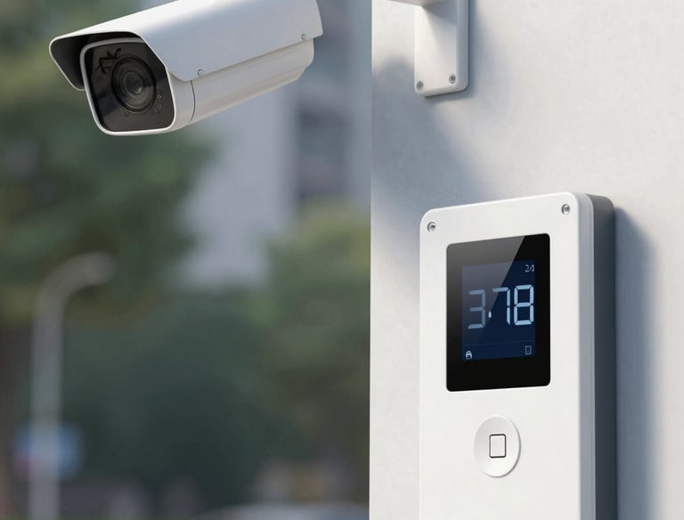 Wall-mounted digital CCTV security control panels with keypad and LCD monitors for office surveillance.