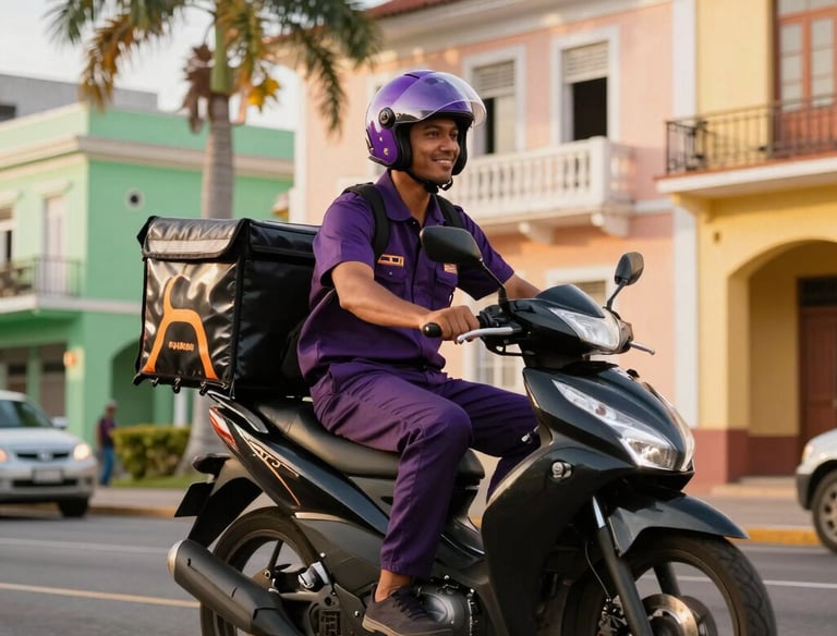 A vibrant Caribbean street scene with a delivery rider on a motorbike carrying food packages.