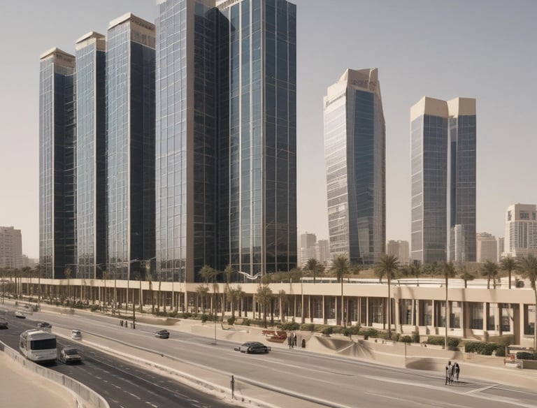 a man riding a skateboard down a street next to tall buildings