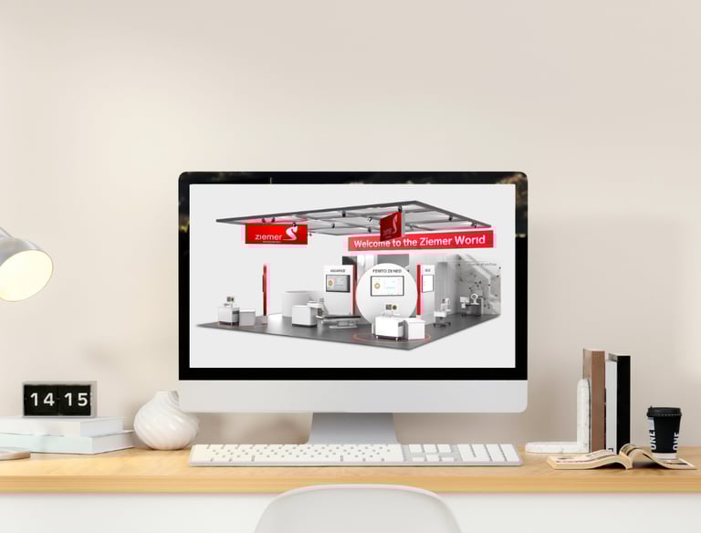 Ein Computerbildschirm zeigt ein Messestand-Rendering für Ziemer.