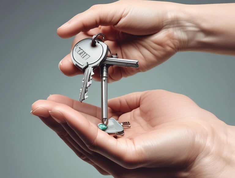 A happy family receiving keys to their new home in a bright living room.