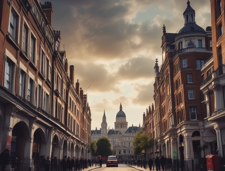 a man riding a skateboard down a street next to tall buildings