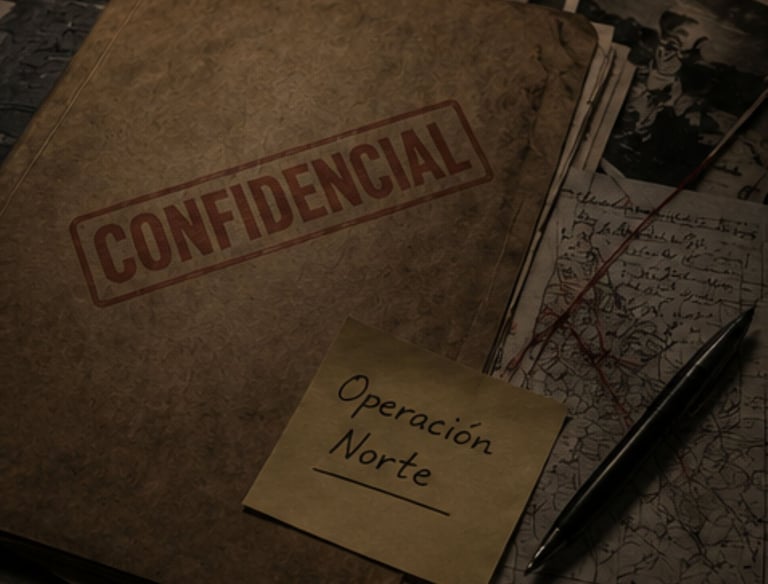 Vintage confidential folder with Operacion Norte note, old maps, and a fountain pen.