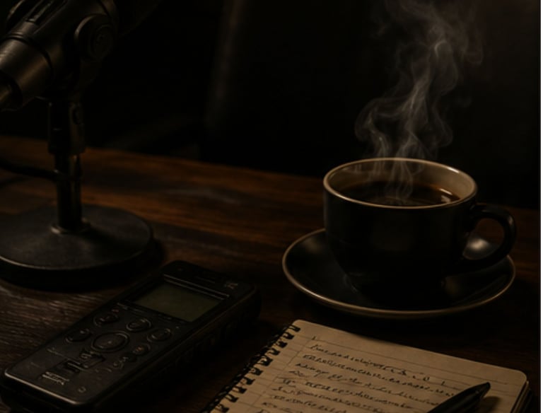 A steaming cup of coffee next to a podcast microphone, digital recorder, and notebook on a wooden desk.
