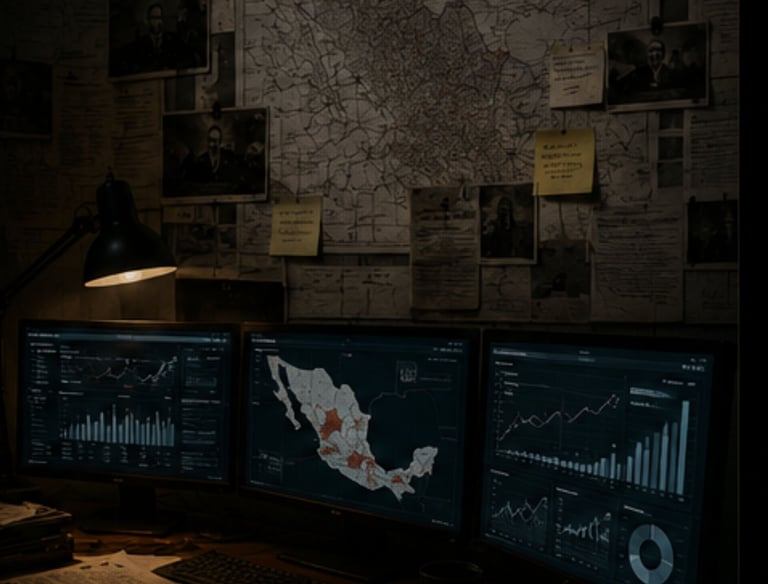 A dark detective workspace with computer monitors showing data charts and a large map on the wall.