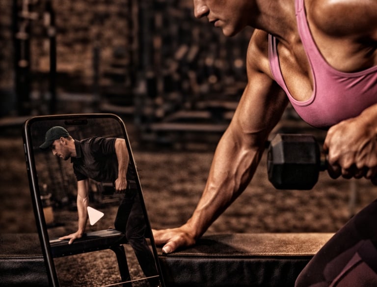 Fit woman lifting dumbbells while following an online fitness class on a smartphone at the gym.