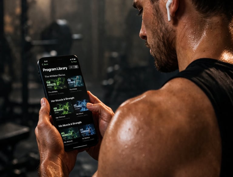 A sweaty man in a gym tracks his workout progress using a fitness training app on his smartphone.