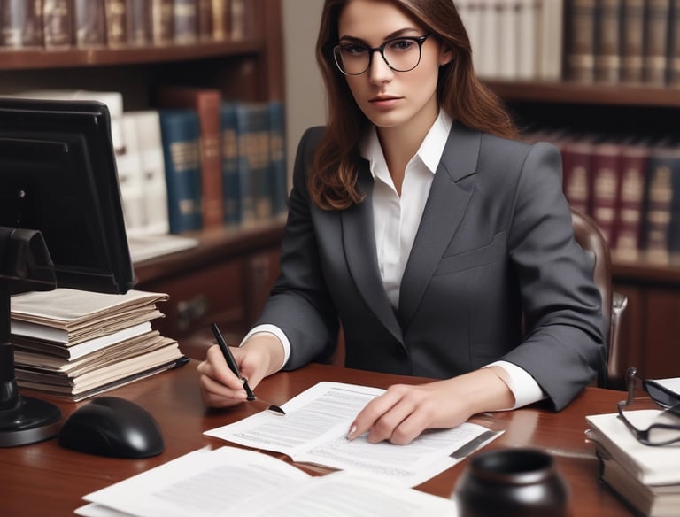A focused lawyer reviewing case files in a sleek, modern office.