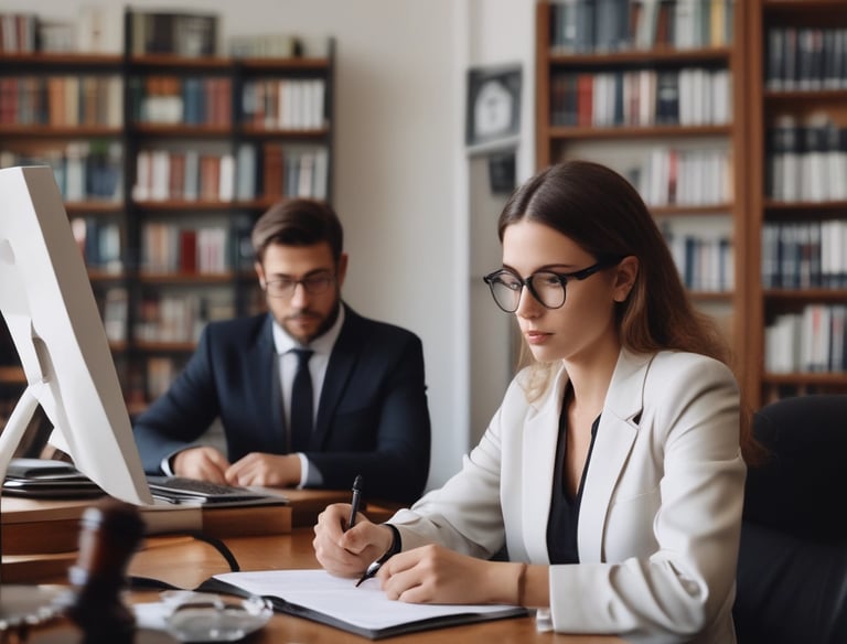 A calm consultation between lawyer and client in a minimalist office.