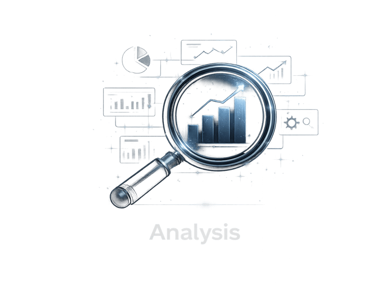 A magnifying glass focusing on glowing financial growth bar charts and data analysis icons.