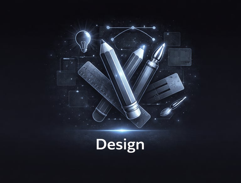 Digital graphic design concept featuring glowing pencils, a ruler, and a lightbulb icon on a dark background.