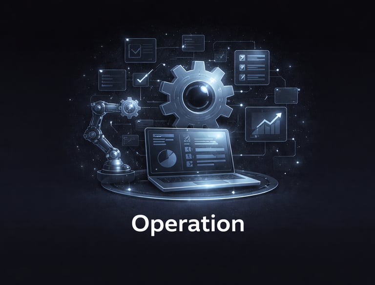 Digital operation interface showing robotic automation, data analytics on a laptop, and industrial gears.