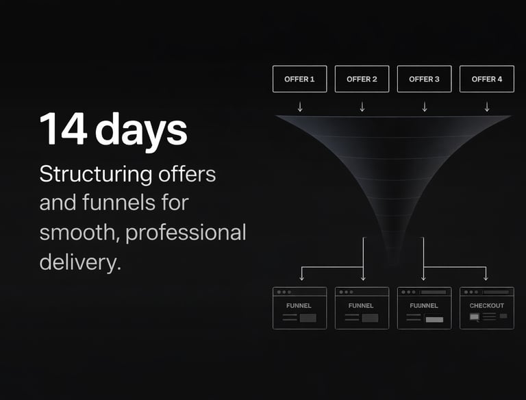 A marketing funnel diagram showing 14 days to structure offers and funnels for professional delivery.