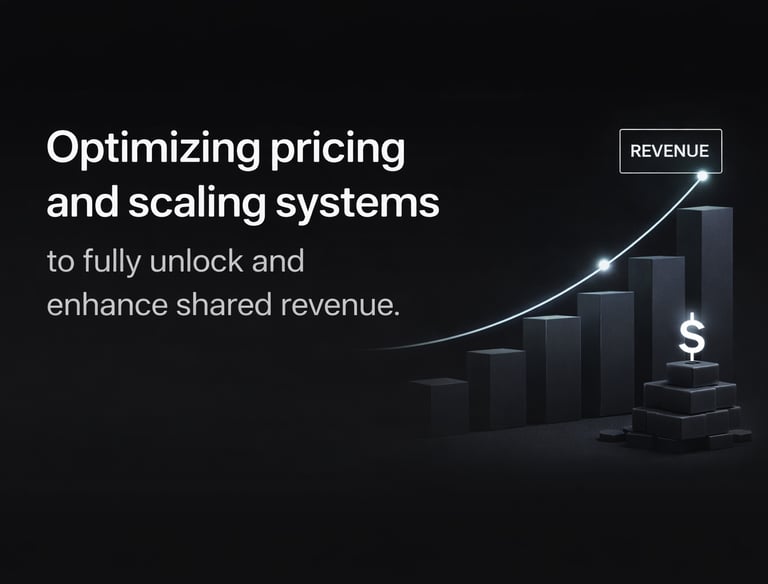 Rising revenue bar chart with dollar sign icon and text about optimizing pricing and scaling systems.