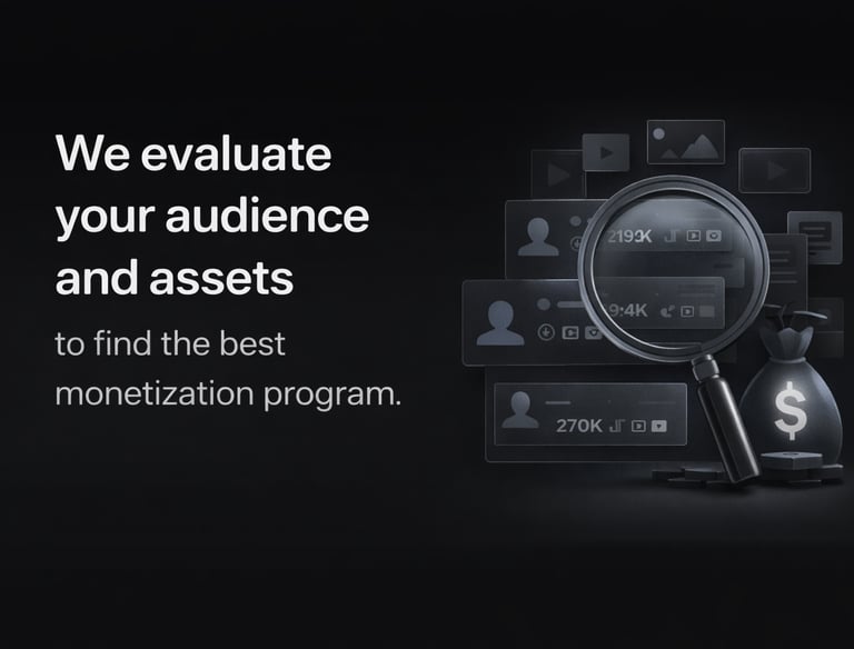 Digital content monetization graphic featuring a magnifying glass analyzing social media profiles and a money bag.