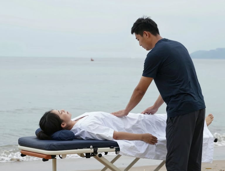 A serene Reiki session with soft lighting and a calm atmosphere.
