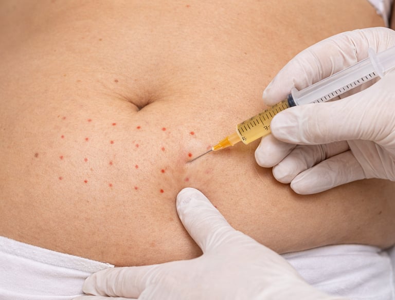 Professional mesotherapy treatment with needle injection on a woman's abdomen for fat reduction.