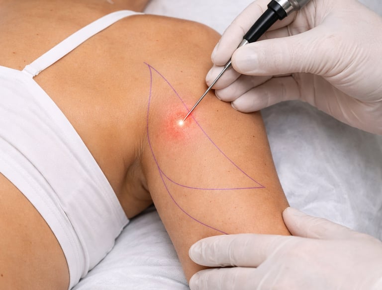 Dermatologist performing a professional laser mole removal procedure on a patient's arm.