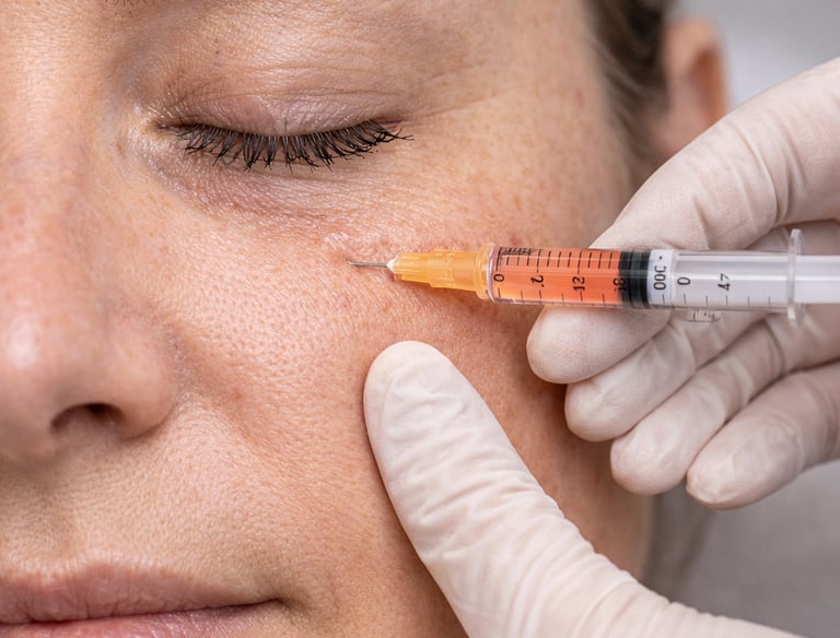 Dermatologist performing a facial dermal filler injection under a patient's eye for skin rejuvenation.