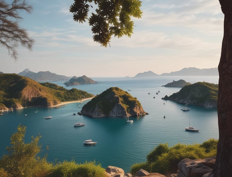 A group of travelers enjoying a boat tour around Labuan Bajo islands under a clear blue sky.