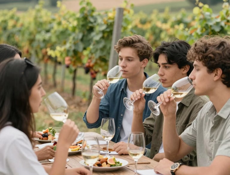 A cozy wine tasting setup with natural wines and fresh, healthy food pairings on a wooden table.