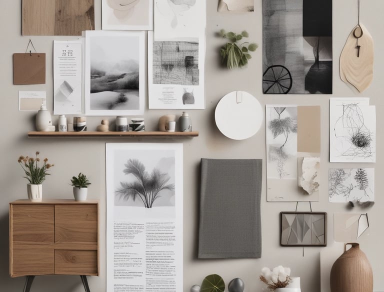 Interior design mood board featuring fabric swatches, color palettes, and furniture sketches.